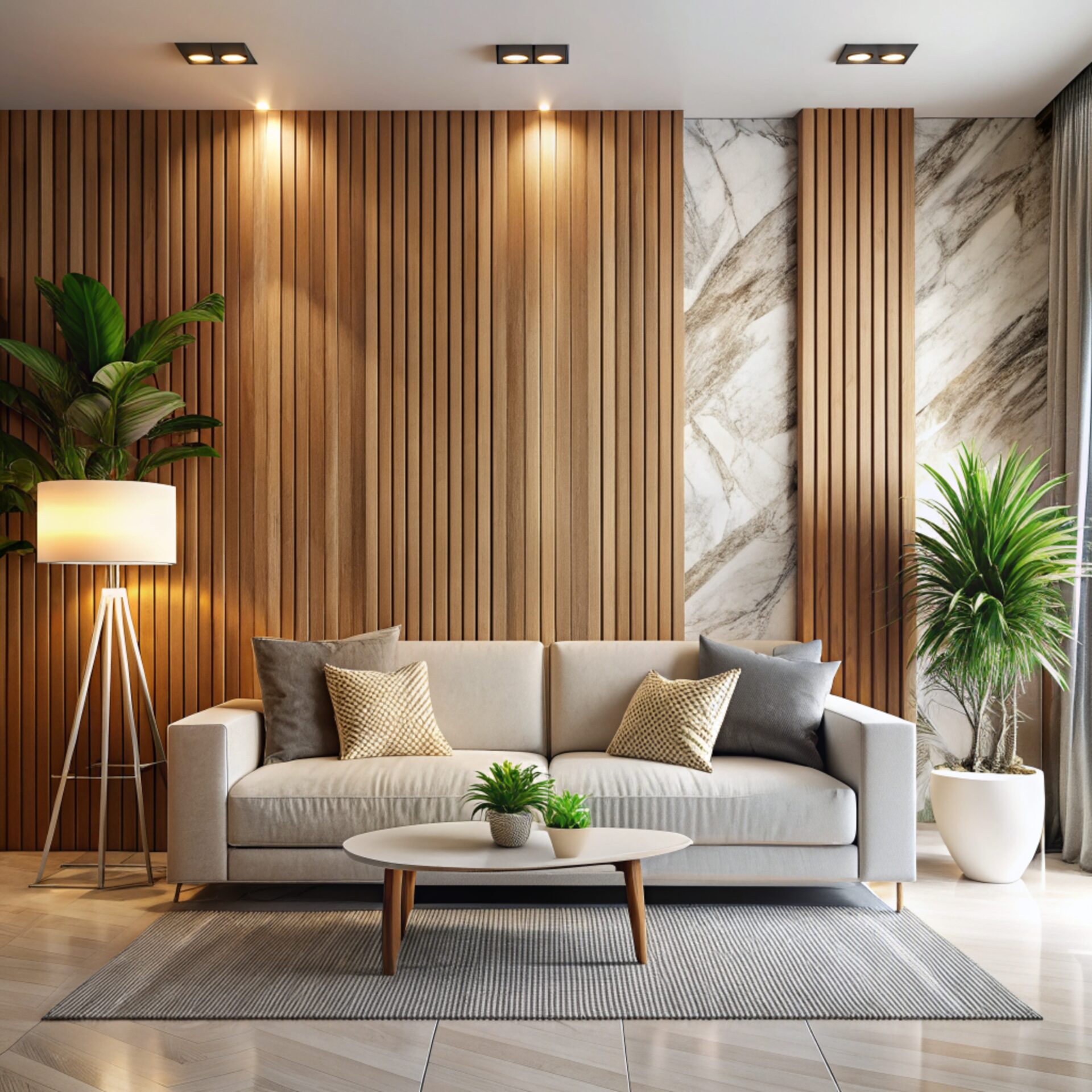 wall 3d panel wood and marble white lights . 3d illustration
